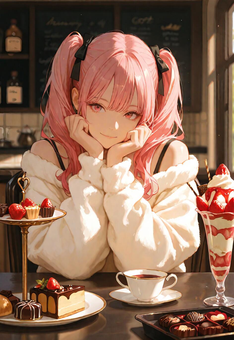 Uma rapariga de anime, com cabelo cor-de-rosa apanhado em duas marias, está sentada a uma mesa de café, coberta de sobremesas. Veste um casaco branco e fofo e está a sorrir, com o queixo apoiado nas mãos. Sobre a mesa, há um parfait de morango, uma fatia de bolo, uma chávena de chá e um suporte para sobremesas.