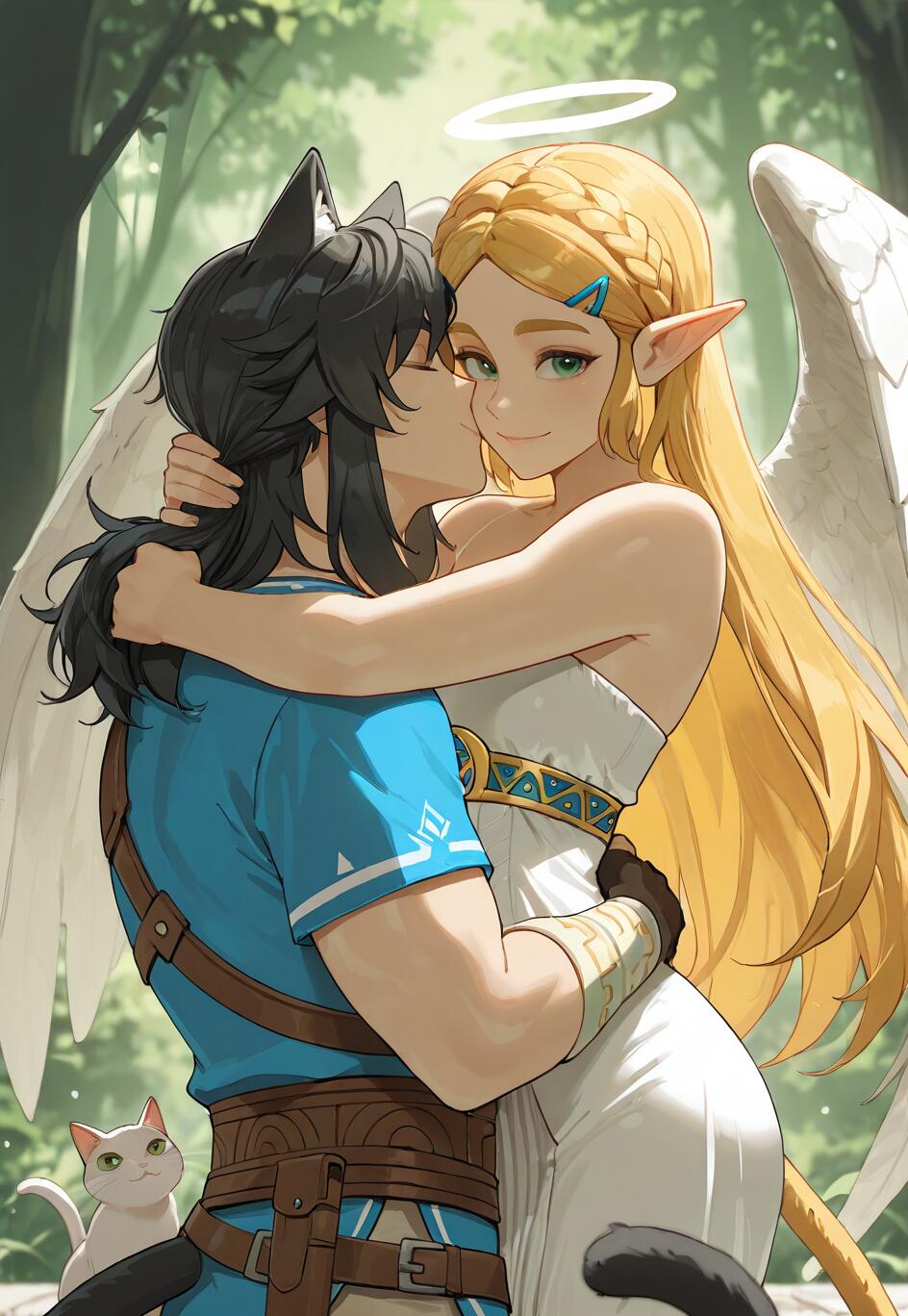 Uma ilustração de Link como um rapaz-gato, com cabelo e orelhas pretas, abraçando e beijando a face da Princesa Zelda, que é representada como um anjo, com cabelo loiro, um halo e asas brancas. Eles estão numa floresta, e um pequeno gato branco pode ser visto perto deles.