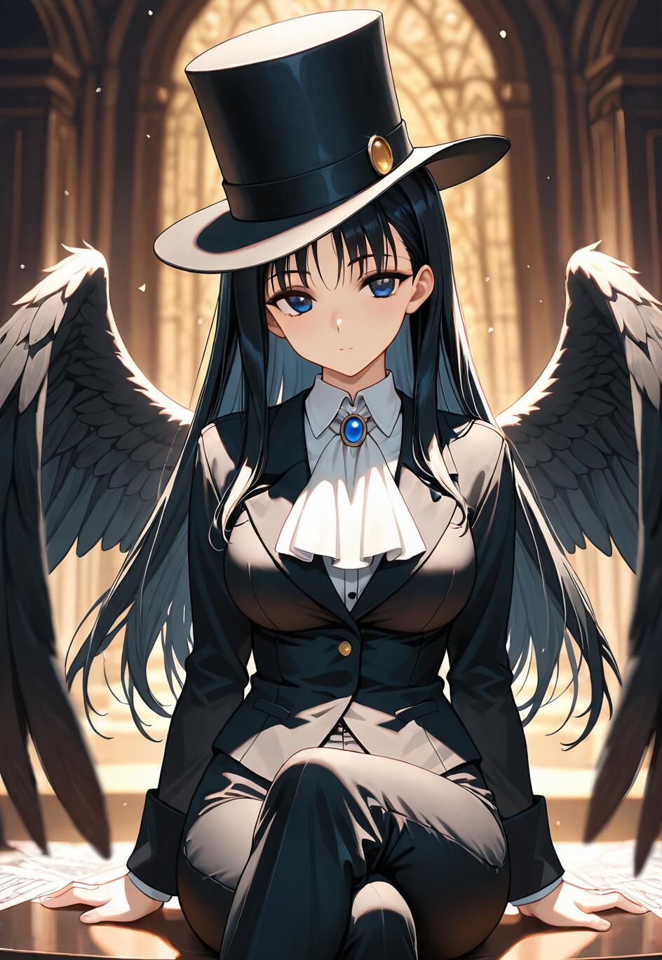 Uma personagem de anime, uma rapariga de longos cabelos pretos, olhos azuis e grandes asas pretas de anjo, sentada numa mesa. Ela veste um fato preto, uma gravata branca e um chapéu de copa preto, num grande salão.