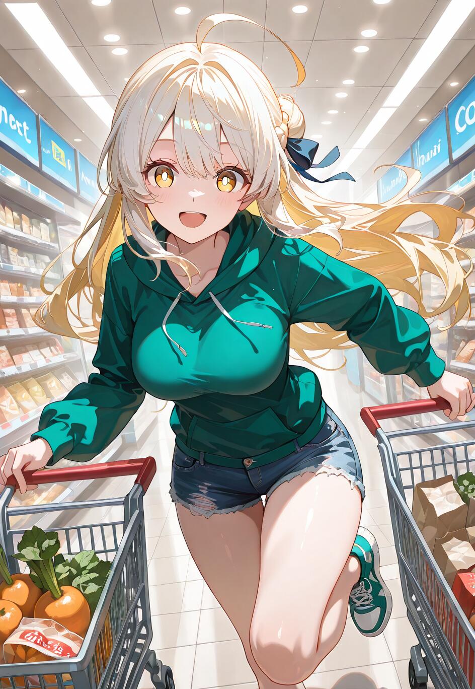 Uma ilustração em estilo anime de uma menina loira e alegre, Artoria Pendragon (Saber), vestindo um casaco verde e calções de ganga, correndo com energia por um corredor de supermercado enquanto empurra dois carrinhos de compras cheios de mantimentos.