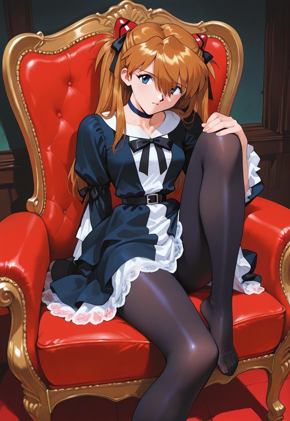 Asuka Langley Soryu, de Neon Genesis Evangelion, com o seu característico cabelo laranja, preso em duas marias, sentada numa poltrona vermelha e dourada elegante. Veste um vestido gótico Lolita preto e branco, com meias pretas e sem sapatos, olhando diretamente para a câmara.