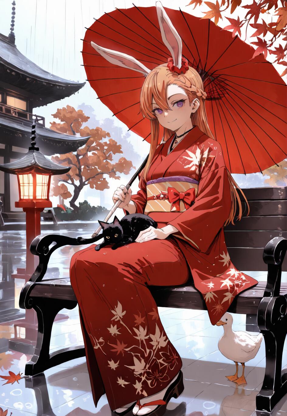 Uma rapariga com um estilo de anime, de cabelo cor de laranja e orelhas de coelho, vestida com um quimono vermelho, está sentada num banco, sob um guarda-chuva vermelho, num jardim de um templo japonês, enquanto chove. Um gato preto está no seu colo e um pato branco está no chão, ao lado dela.