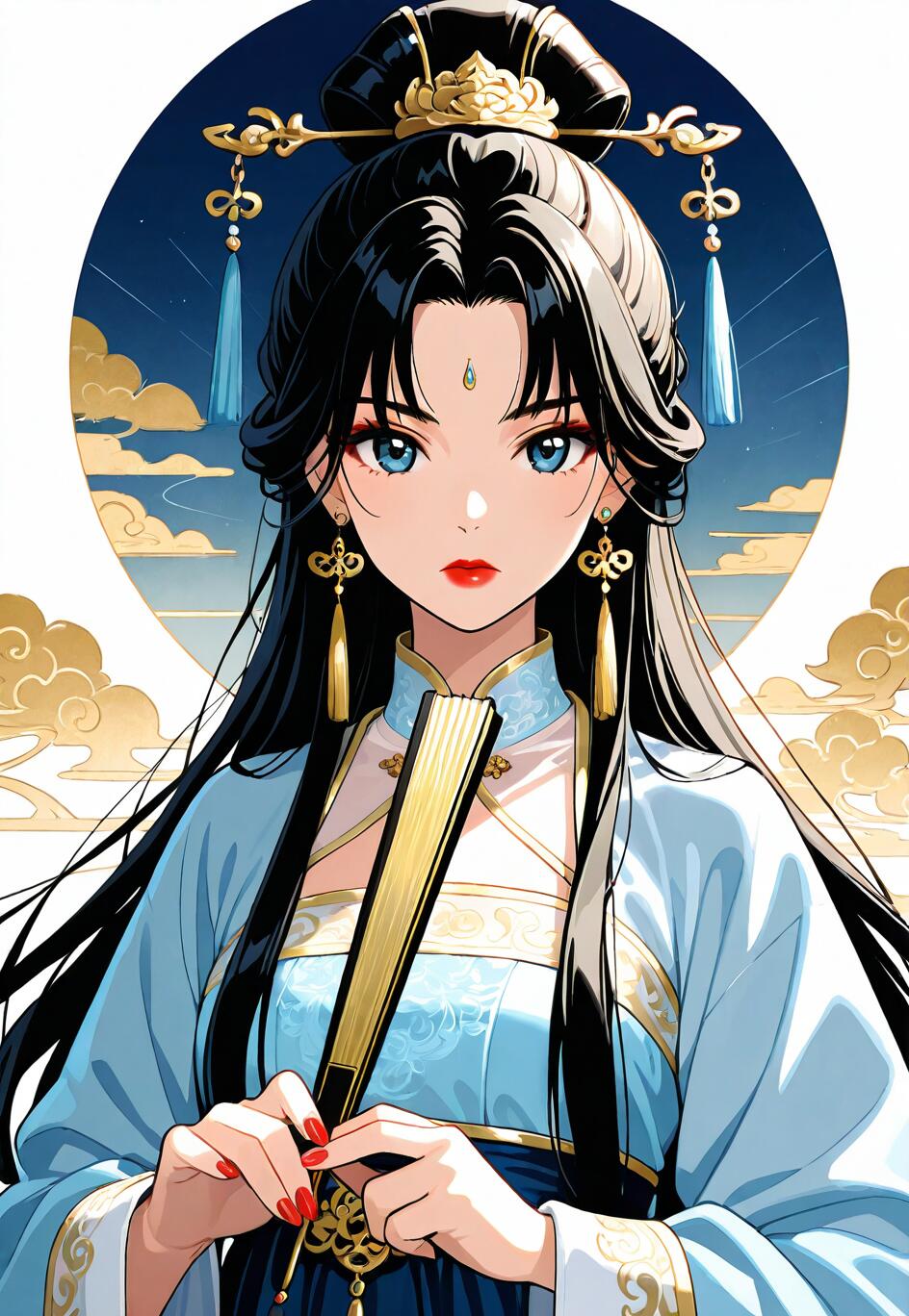 Uma ilustração em estilo anime de uma bela jovem com longos cabelos pretos e olhos azuis, vestindo um tradicional hanfu chinês azul e dourado. Ela segura um leque dourado e está em frente a um fundo circular que representa um céu noturno estrelado com nuvens douradas.