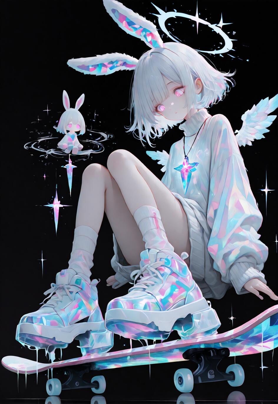 Uma ilustração de corpo inteiro de uma rapariga de estilo anime, com cabelo branco, orelhas de coelho e pequenas asas de anjo, sentada sobre um skate iridescente e brilhante, com um fundo preto sólido.