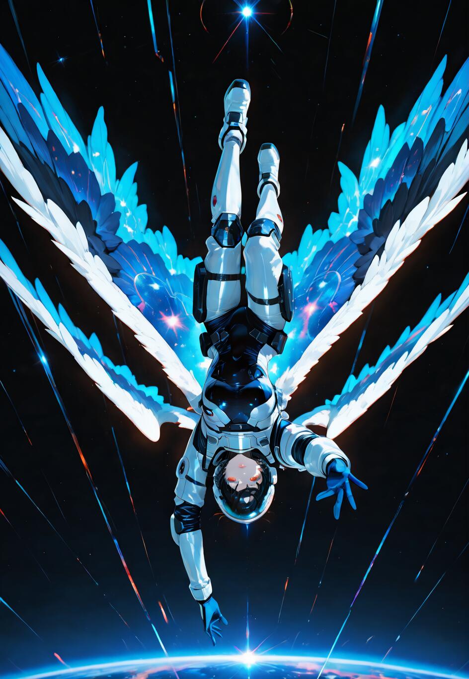 Fujimaru Ritsuka, de Fate/Grand Order, como um astronauta com grandes asas azuis e brancas, flutuando de cabeça para baixo no espaço, acima de um planeta, e estendendo a mão em direção ao observador.