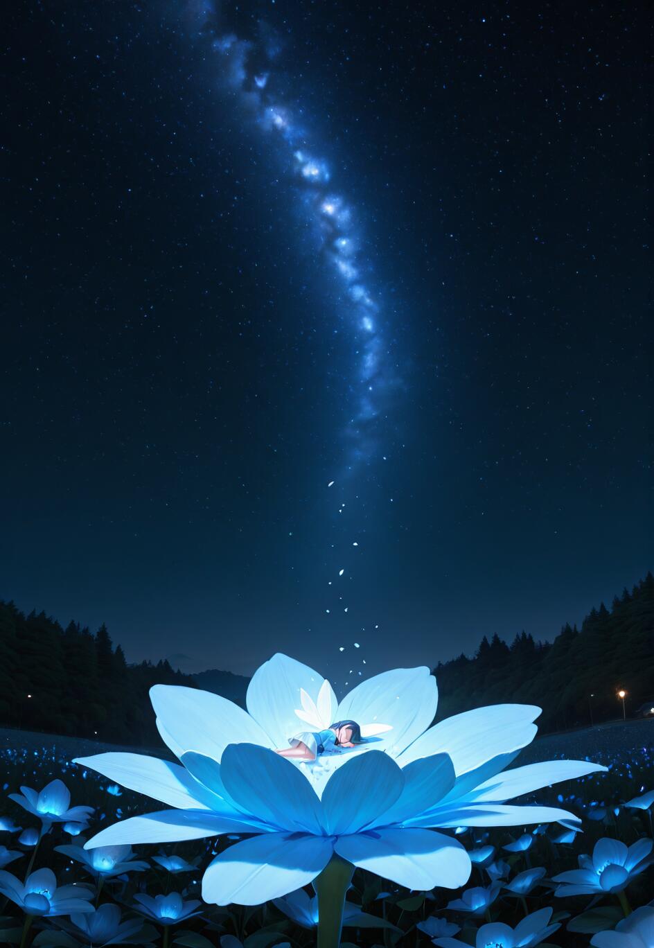 Uma menina pequena, de cabelos escuros, dorme profundamente no centro de uma enorme flor azul brilhante, sob um céu noturno estrelado e vibrante, com uma faixa da Via Láctea que se estende em direção a ela.