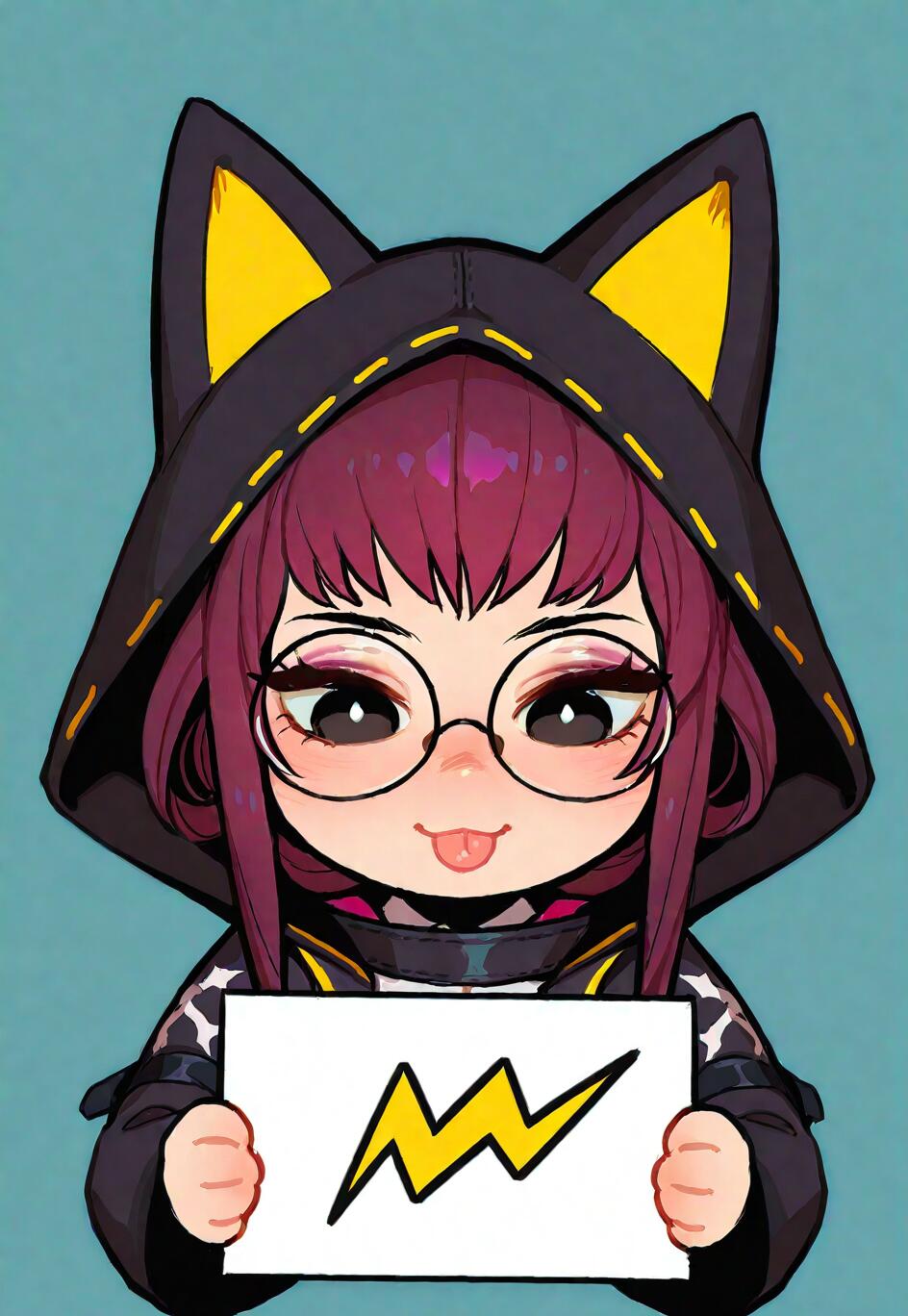 Uma ilustração no estilo chibi de anime de Kafka, de Arknights. Ela tem cabelo roxo, óculos redondos e está vestindo um casaco com capuz preto com orelhas de gato. Ela está mostrando a língua de forma divertida e segurando uma placa branca com um raio amarelo desenhado.