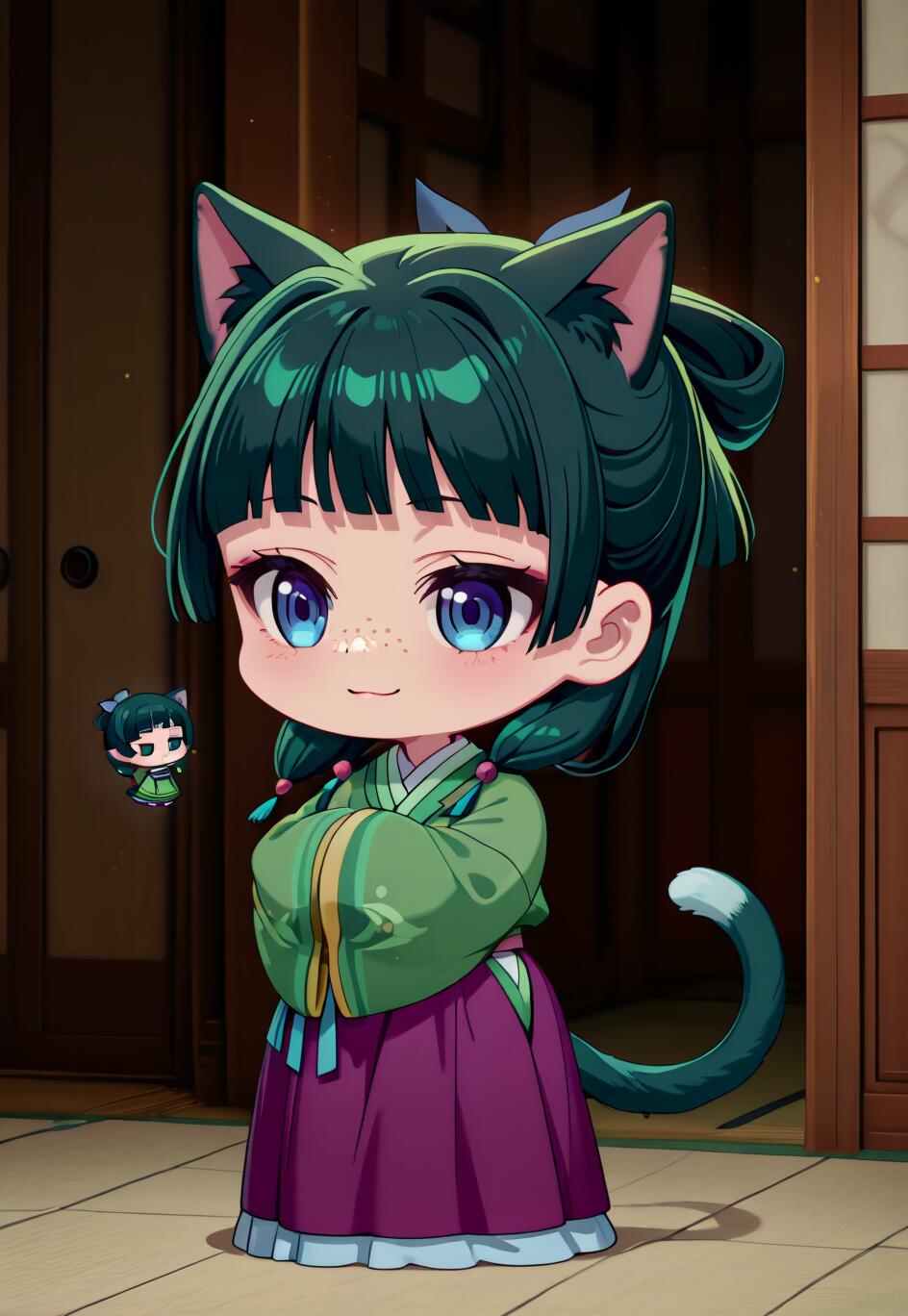 Uma ilustração em estilo chibi, que representa o corpo inteiro da personagem Maomao, de «The Apothecary Diaries», reimaginada como uma garota-gato. Ela tem cabelo verde, orelhas e cauda de gato, grandes olhos azuis e sardas. Veste um traje tradicional verde e roxo e está em pé num quarto com portas de estilo japonês.