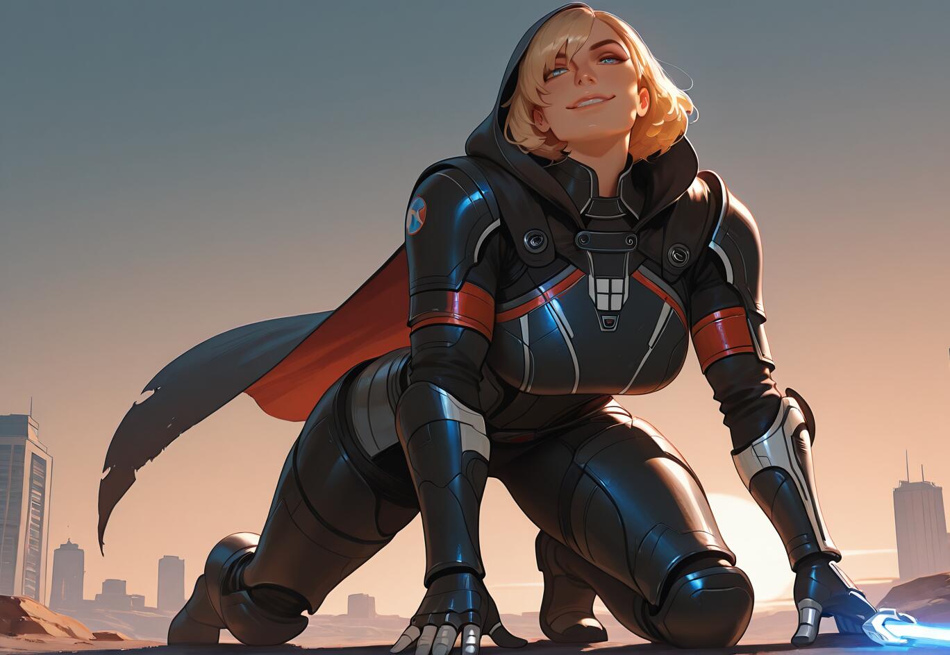 Uma pintura digital de uma mulher loira, a Comandante Shepard, vestida com uma armadura futurista preta e um manto com capuz. Ela está agachada, com um sorriso confiante, e ao fundo pode-se ver uma cidade de ficção científica ao pôr do sol.