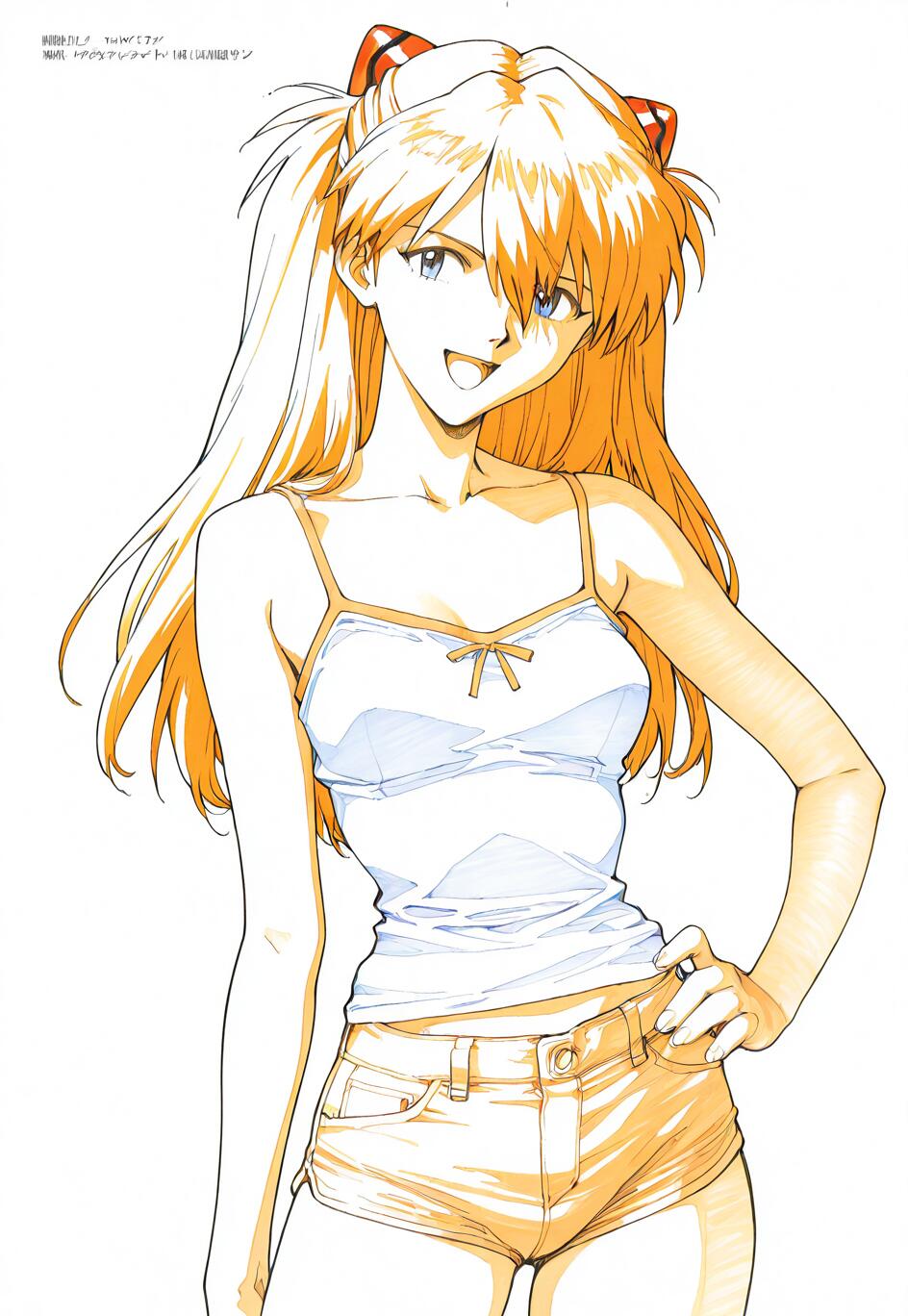 Uma ilustração em traços simples de Asuka Langley Soryu, de Neon Genesis Evangelion, sorrindo com confiança e com a mão na cintura. Ela tem cabelo laranja, preso em duas marias-chiquinhas, e veste uma blusa branca e um short curto, tudo isso sobre um fundo branco liso.
