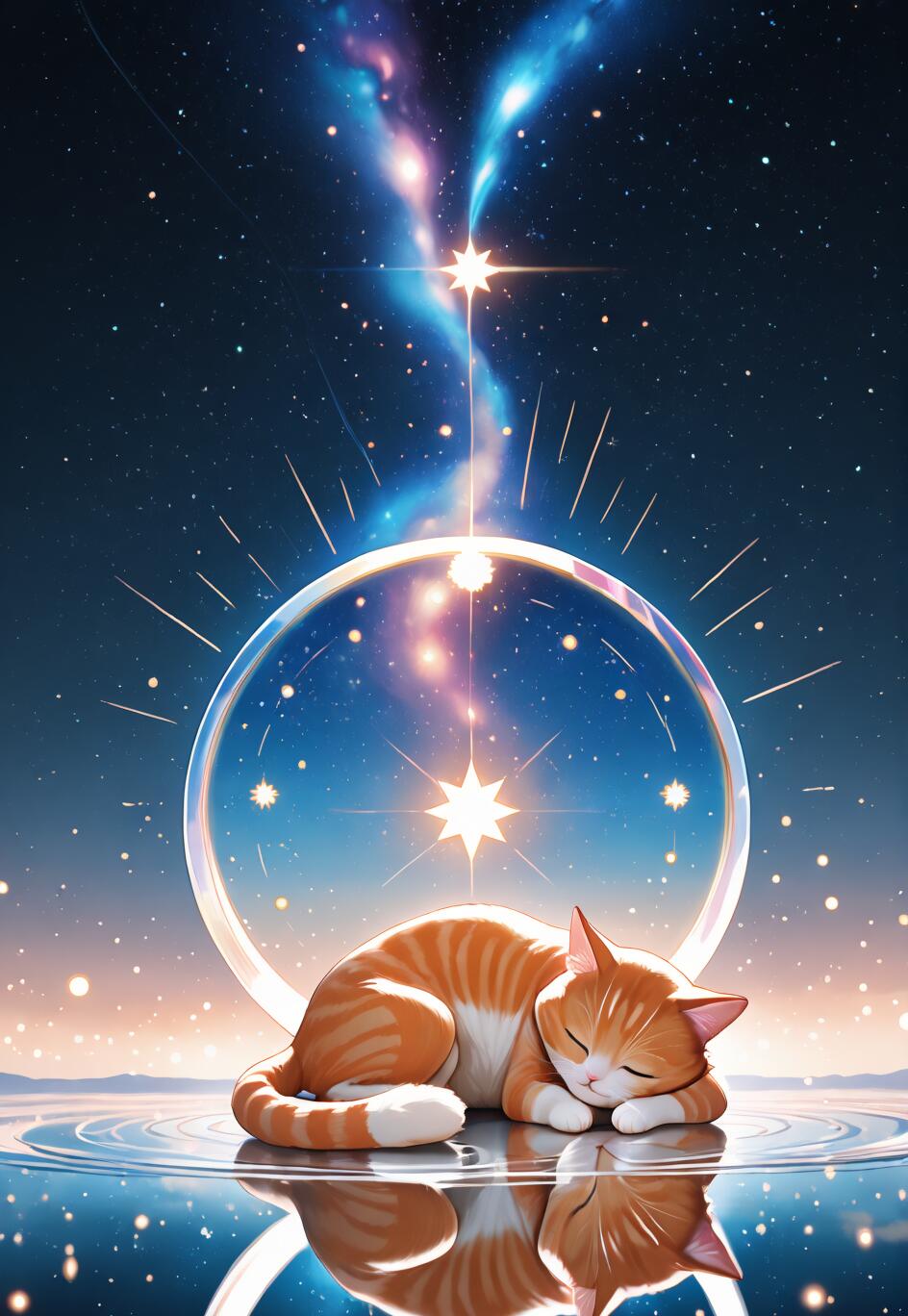 Uma ilustração de um adorável gato tigrado laranja e branco, dormindo sobre uma superfície lisa e refletora que se assemelha à água. O fundo é um céu noturno cósmico, com uma nebulosa vibrante, inúmeras estrelas e uma grande esfera luminosa atrás do gato.