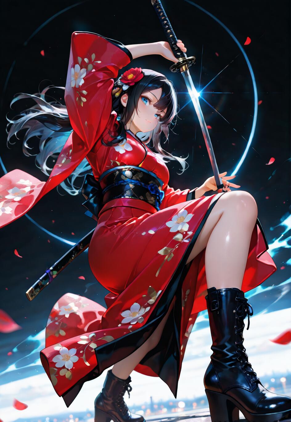 Uma ilustração de corpo inteiro de uma jovem mulher de anime, vestida com um quimono vermelho com estampas florais e botas de combate pretas, segurando uma espada katana numa pose dinâmica, contra um fundo escuro com efeitos de luz azul e pétalas vermelhas.