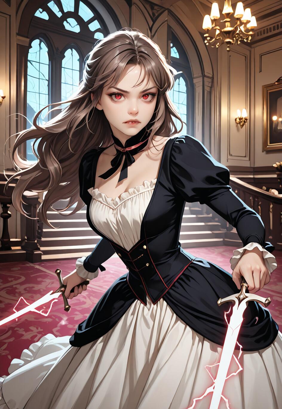 Uma mulher com um visual de anime, com longos cabelos castanhos e olhos vermelhos penetrantes, vestida com um elegante vestido vitoriano em preto e branco, segurando duas espadas que emitem uma aura de relâmpagos cor-de-rosa no interior de um grande salão de baile de uma mansão.