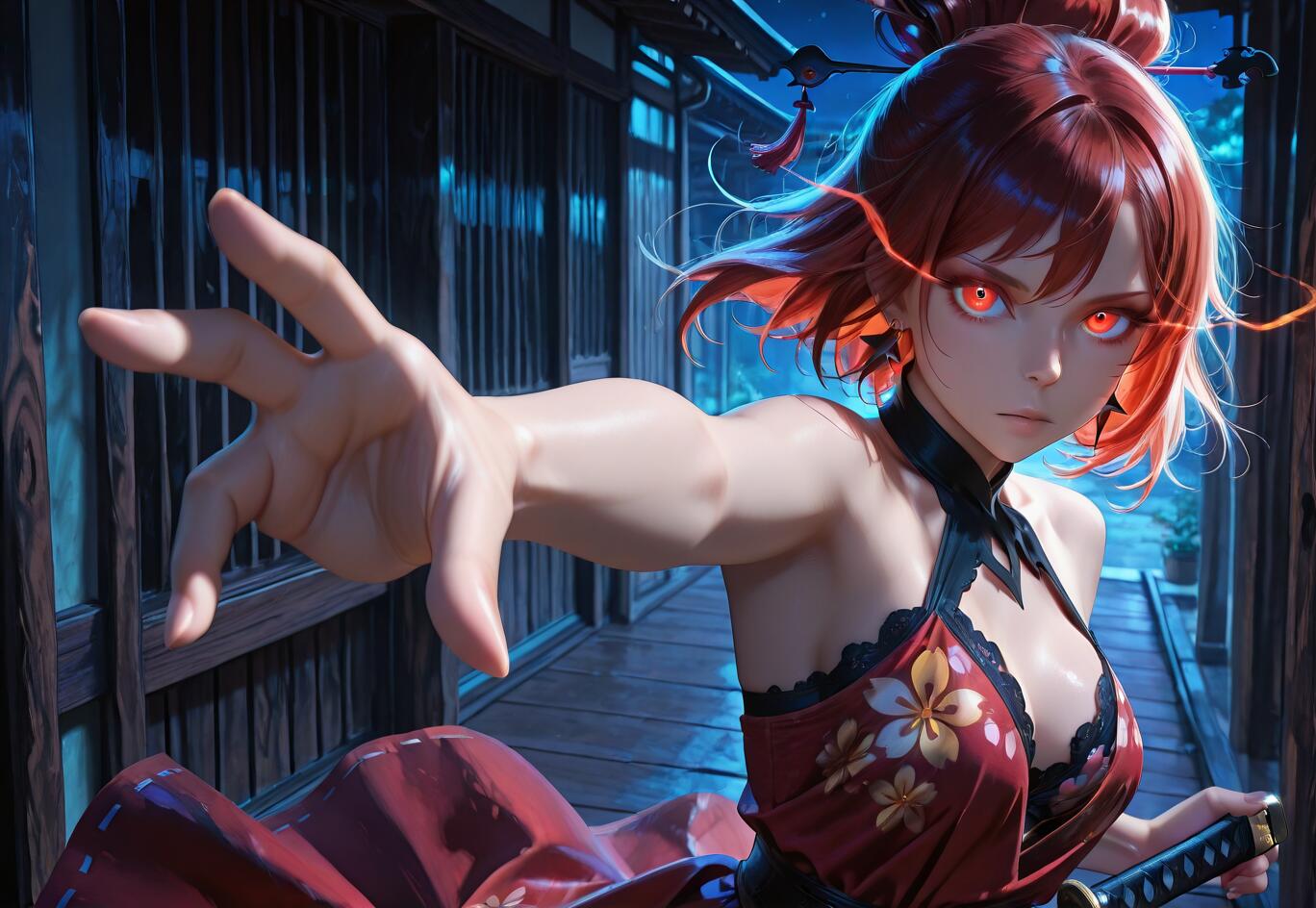 Uma personagem de anime, uma rapariga de cabelo vermelho curto e olhos vermelhos brilhantes, estende a mão em direção à câmara. Ela veste um vestido com um padrão floral em vermelho e preto e segura uma katana num corredor escuro, de estilo japonês tradicional, durante a noite.