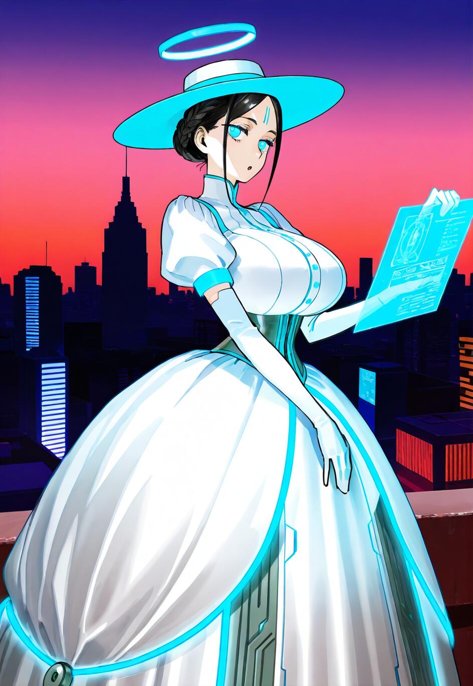 Uma mulher com um visual de anime, vestida com um elegante vestido vitoriano futurista branco e azul e um chapéu, está no topo de um edifício ao entardecer, segurando um tablet holográfico brilhante em frente a uma paisagem urbana iluminada por luzes de néon. Um halo azul flutua acima de sua cabeça.