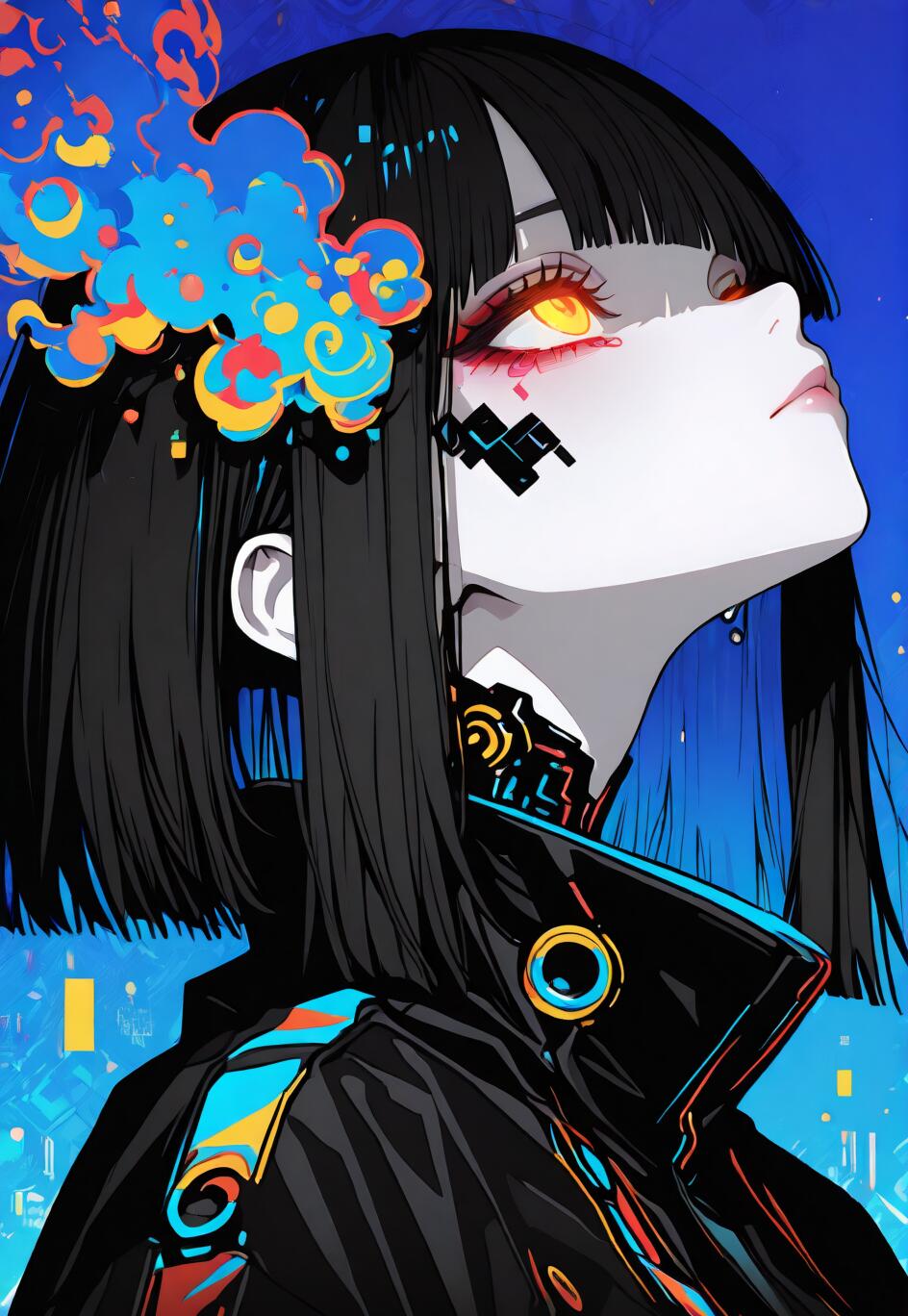 Um retrato estilizado em estilo anime de uma mulher cyberpunk, com cabelo preto curto e olhos amarelos brilhantes, olhando para cima. Ela usa um adorno de cabelo colorido no estilo glitch-art e possui detalhes cibernéticos geométricos pretos no rosto e no pescoço, contrastando com um fundo digital azul vibrante.
