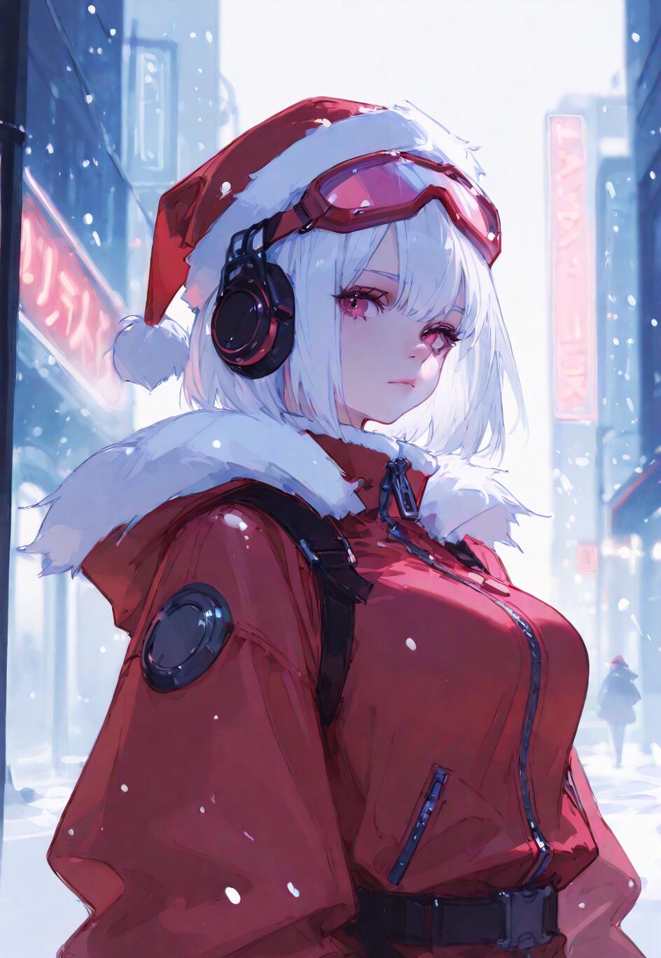 Uma rapariga de anime, com cabelo branco curto e olhos vermelhos, vestida com um gorro de Pai Natal vermelho, óculos de proteção, auscultadores e um casaco de inverno vermelho, parada numa rua coberta de neve, com luzes de néon ao fundo.