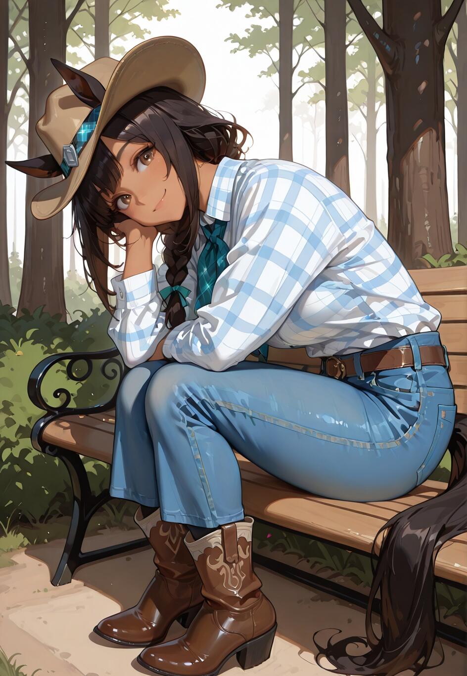 Uma personagem de anime, uma jovem com aparência de cavalo, pele morena e um chapéu de cowboy, identificada como El Condor Pasa, sentada num banco de jardim numa floresta. Ela veste uma camisa xadrez e calças de ganga, sorrindo calorosamente para o espectador.