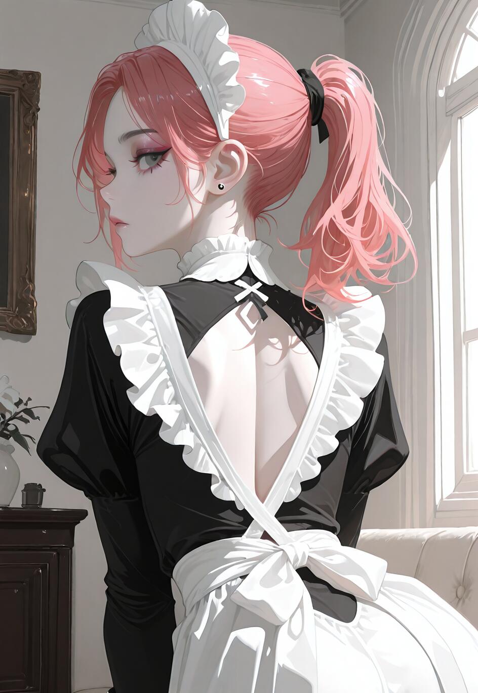 Uma ilustração em estilo anime de uma jovem com cabelo cor-de-rosa preso em um rabo de cavalo, vestindo um uniforme de empregada doméstica preto e branco com as costas descobertas. Ela está olhando por cima do ombro, em um ambiente bem iluminado.