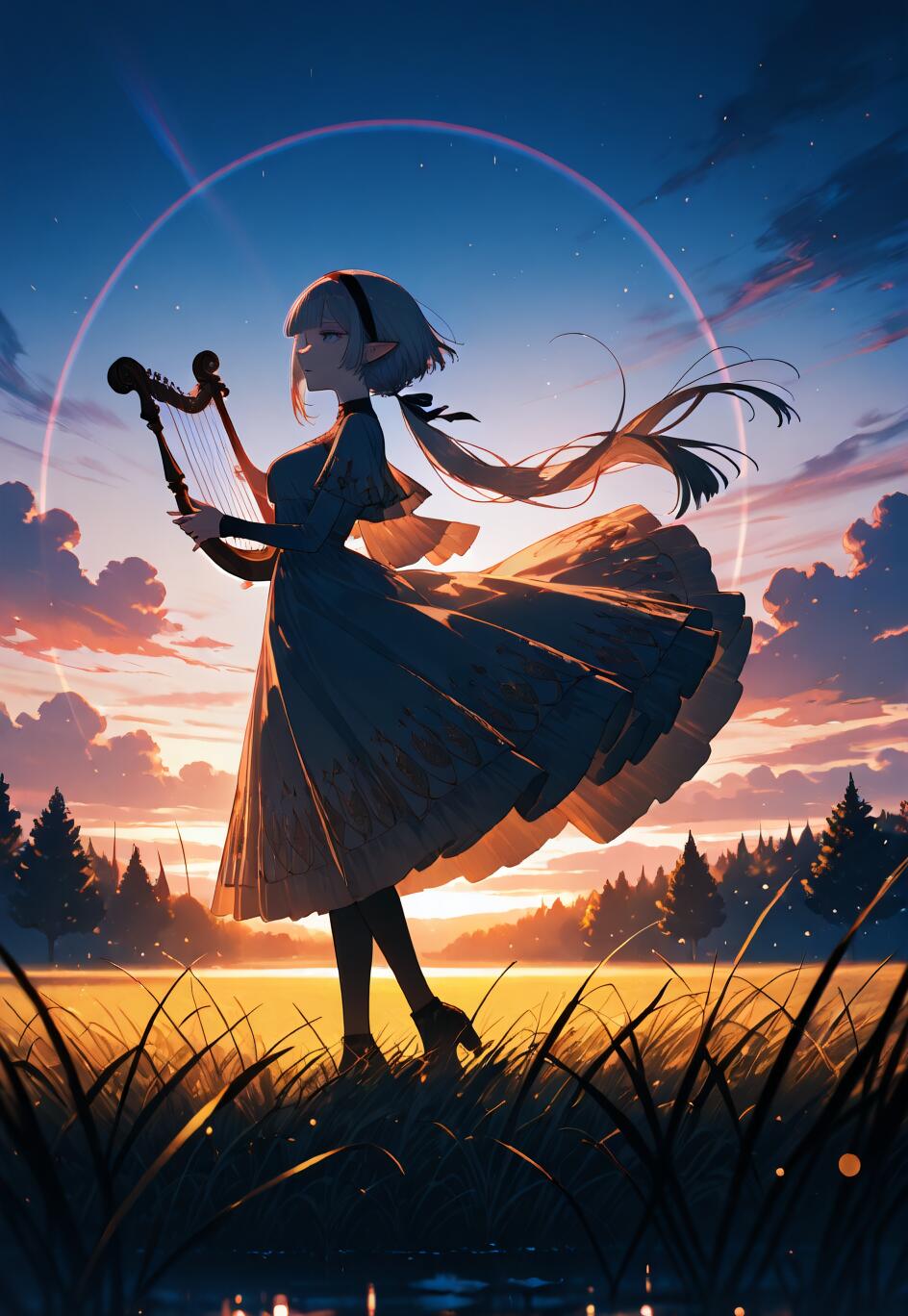 Uma ilustração de corpo inteiro de uma elfa no estilo anime, com cabelos prateados, tocando harpa em um campo gramado durante o nascer do sol. Um grande arco-íris é visível no céu, atrás dela.