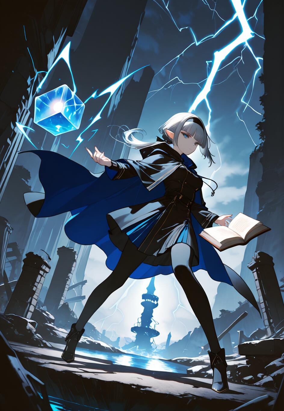 Ilustração de corpo inteiro de uma jovem elfa de cabelos prateados, vestida com uma capa azul-escura e um traje preto, em uma pose imponente em meio a uma paisagem em ruínas. Ela segura um livro e lança um feitiço sobre um cubo azul flutuante, enquanto raios cortam o céu tempestuoso atrás dela.