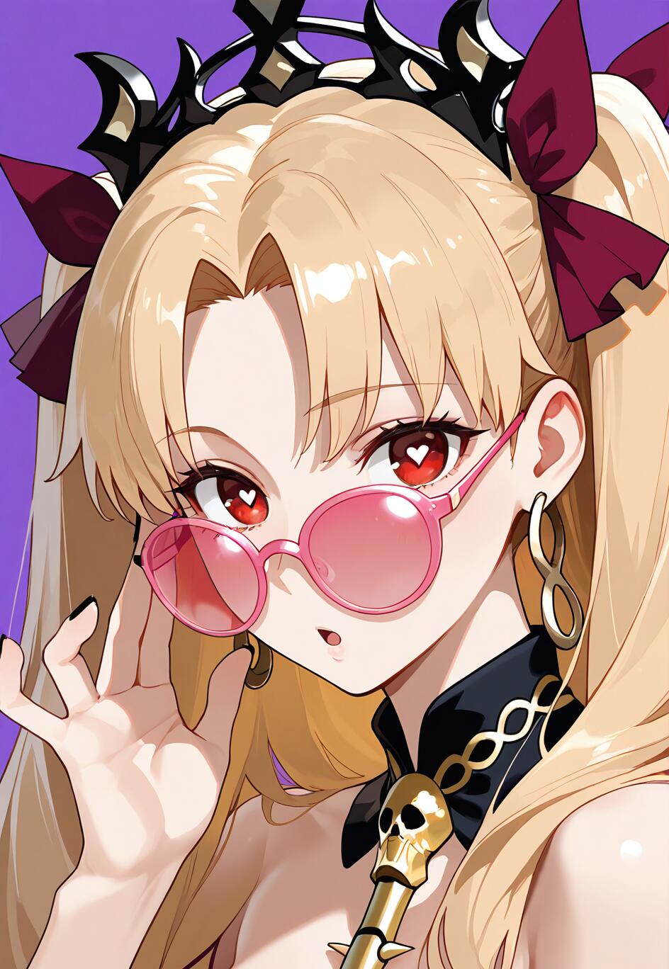 Uma ilustração no estilo anime da personagem Ereshkigal, de Fate/Grand Order. Ela é uma jovem loira com olhos vermelhos em forma de coração, usando uma coroa preta e baixando um par de óculos de sol cor-de-rosa para olhar para o espectador.