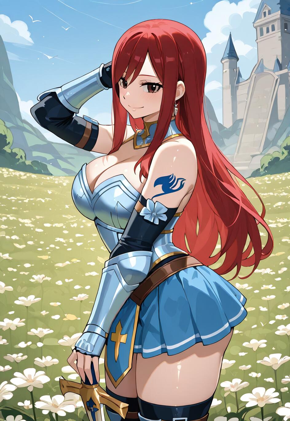 Erza Scarlet, de Fairy Tail, uma guerreira de cabelos vermelhos vestida com uma armadura prateada e azul e uma saia azul, está sorrindo em um campo de flores brancas, com um castelo ao fundo, e segura uma espada.