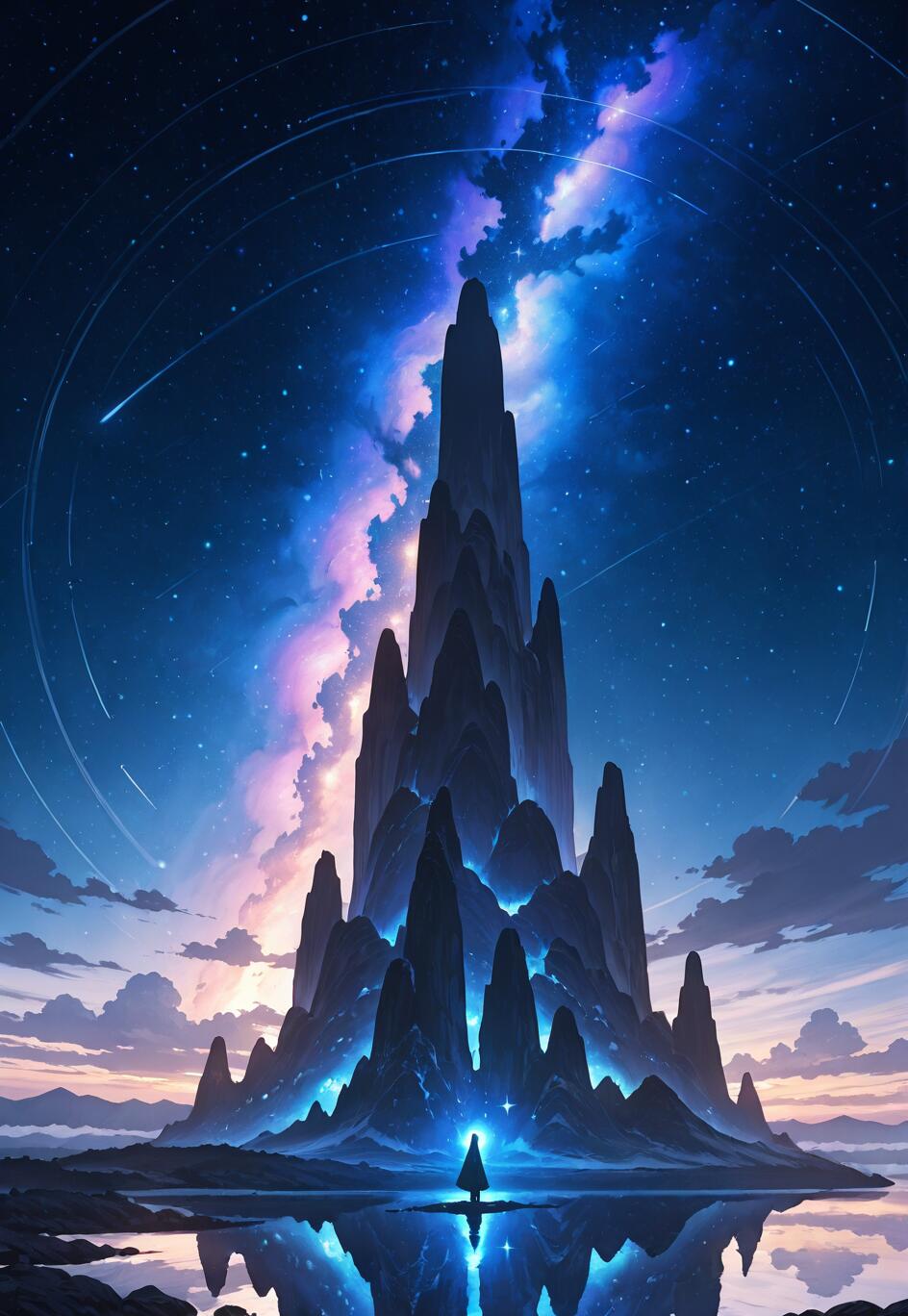 Uma figura solitária, envolta num manto, está de pé em frente a uma montanha imponente e irregular, sob um céu noturno colorido e estrelado, com uma nebulosa, e tudo isso se reflete nas águas calmas abaixo.