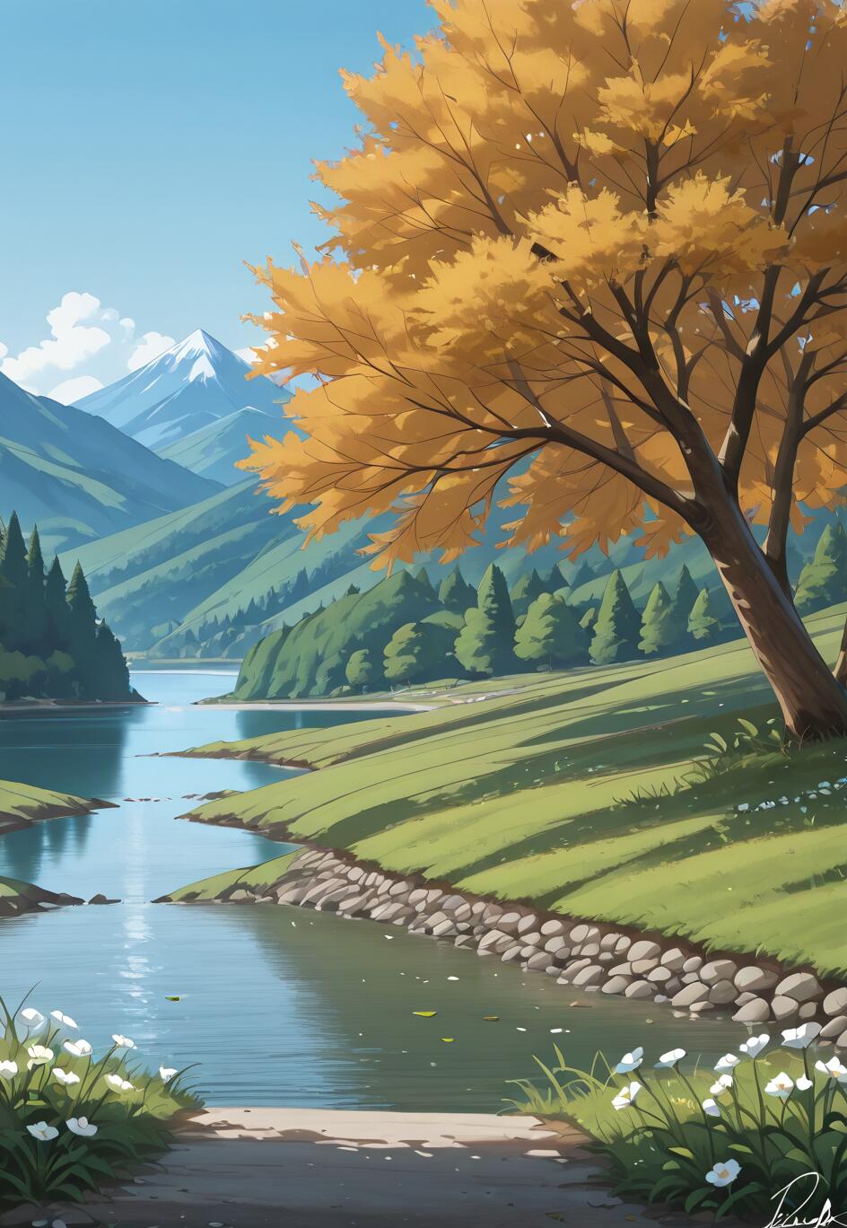 Uma pintura digital em estilo anime que retrata uma paisagem serena. Uma árvore grande, com folhas douradas, observa um rio sinuoso. Ao fundo, avistam-se colinas verdes e uma montanha com o topo coberto de neve, sob um céu azul. Flores brancas estão em primeiro plano.