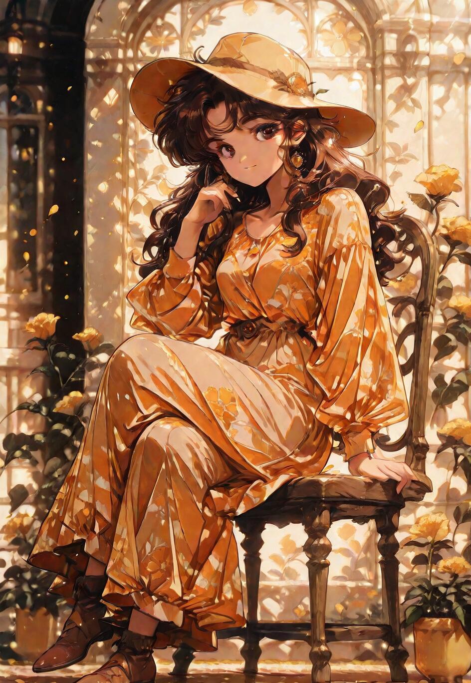Um retrato de corpo inteiro de uma jovem em estilo anime, com longos cabelos castanhos e um chapéu amarelo, sentada numa cadeira de madeira. Ela veste um longo vestido floral em tons de laranja e amarelo e sorri suavemente num jardim ensolarado, rodeada de rosas amarelas.