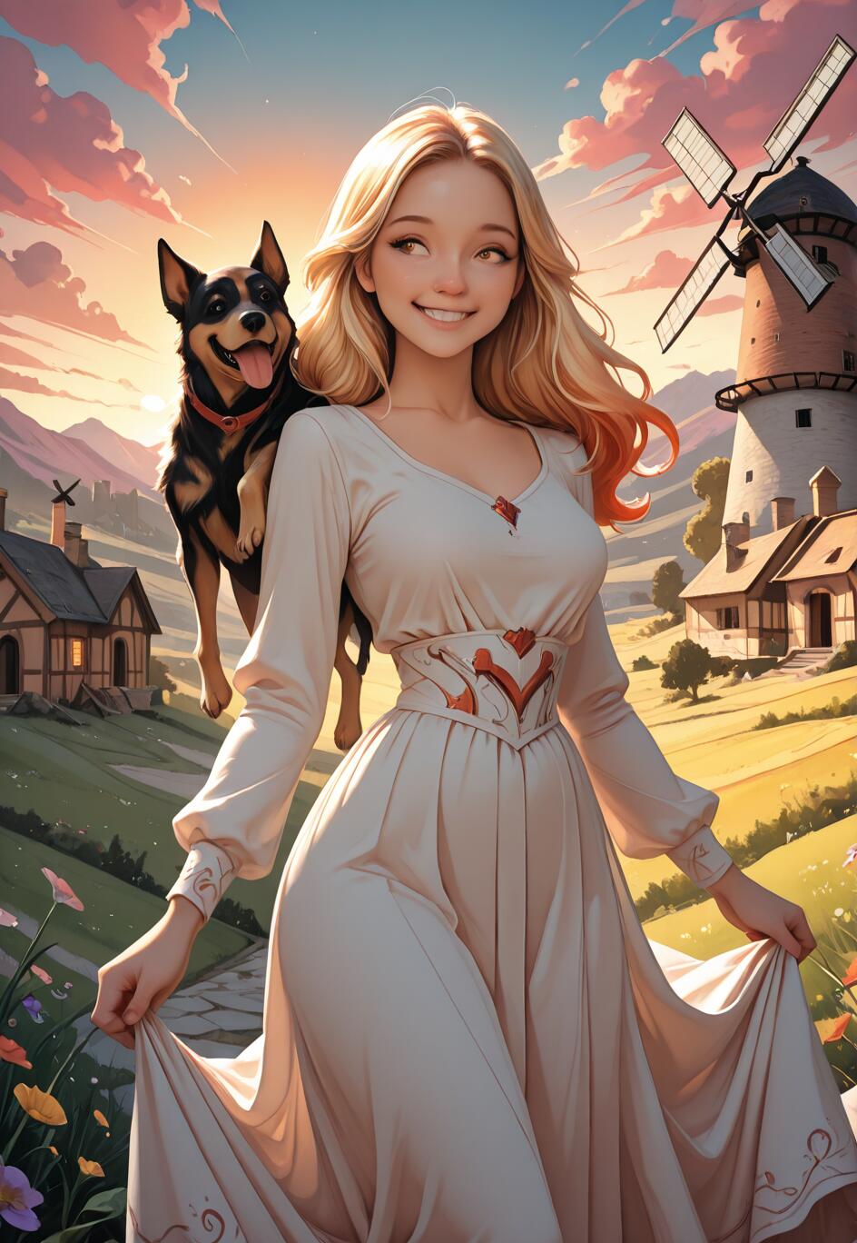 Uma ilustração em estilo anime de uma jovem sorridente, com longos cabelos loiros e vestida com um vestido branco, em pé num campo com o seu cão feliz. Ao fundo, vê-se uma paisagem rural com um grande moinho de vento e casas sob um céu ao pôr do sol.
