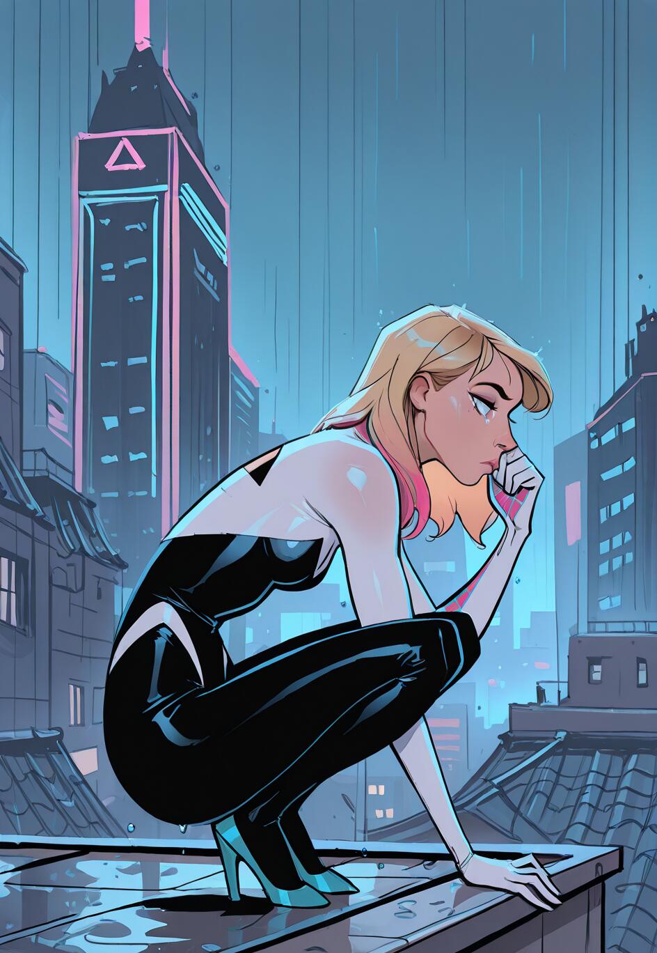 Gwen Stacy, na pele da Mulher-Aranha, veste o seu icónico fato preto e branco, e está sentada, pensativa, num telhado molhado, numa cidade iluminada por luzes de néon, durante uma noite chuvosa.