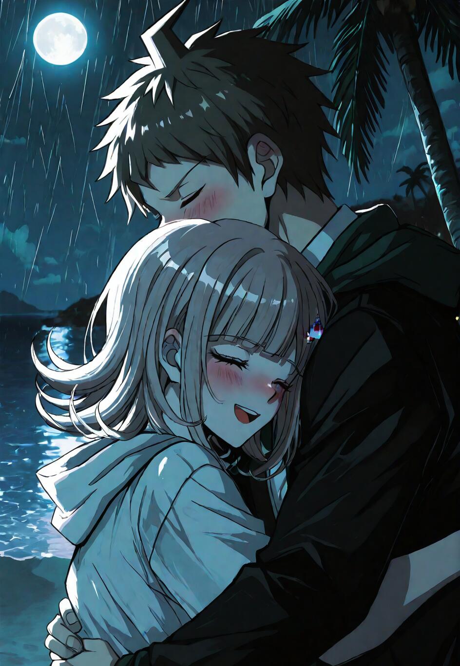 Ilustração de um fã de anime, retratando Hajime Hinata e Chiaki Nanami, de Danganronpa, abraçados com carinho numa praia chuvosa durante a noite, com uma lua cheia e palmeiras ao fundo.