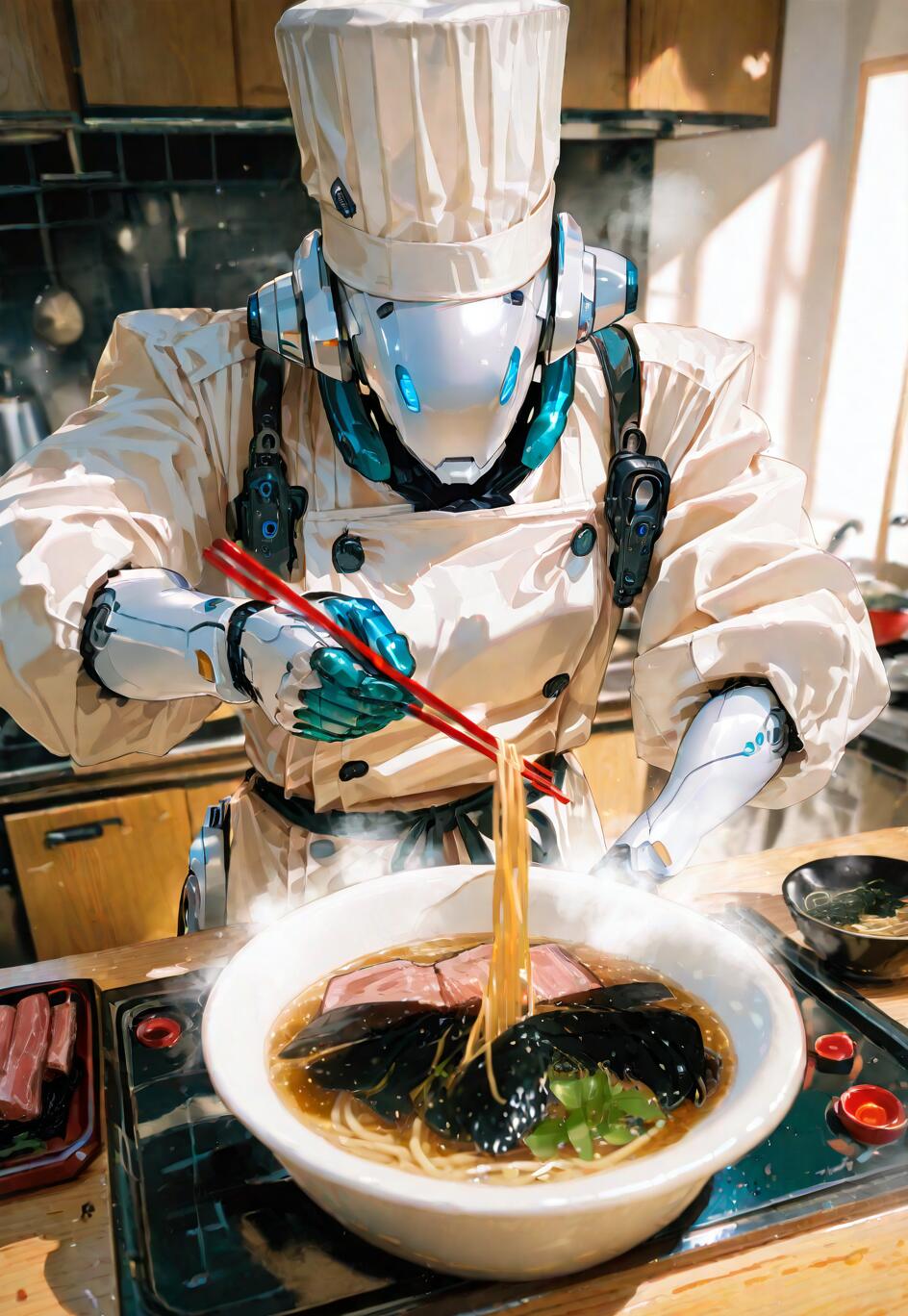 Um robô branco e futurista, vestido com um uniforme completo de chef, incluindo um chapéu alto, usa pauzinhos vermelhos para retirar os noodles de uma tigela fumegante de ramen japonês, numa cozinha.