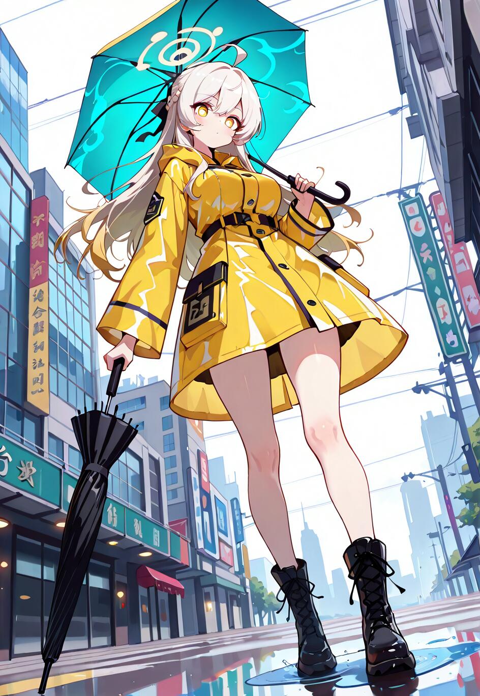 Uma ilustração em estilo anime de Stelle, a personagem feminina Trailblazer de Honkai: Star Rail, em pé numa rua molhada da cidade. Ela veste um casaco de chuva amarelo e segura um guarda-chuva turquesa, olhando para o espectador com olhos dourados.
