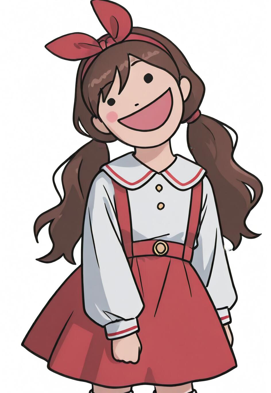Uma ilustração em estilo anime de uma menina feliz, com cabelos castanhos presos em duas marias-chiquinhas e um laço vermelho, vestindo uma saia com alças vermelhas sobre uma camisa branca, sorrindo com a boca bem aberta, em um fundo branco.