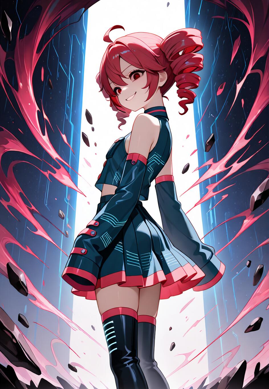 Uma ilustração no estilo anime de Kasane Teto, com cabelo vermelho em forma de duas marias e um sorriso travesso, vestindo um traje futurista azul e vermelho. Ela está no meio de uma energia rosa rodopiante e rochas flutuantes, em frente a um portal brilhante e luminoso.