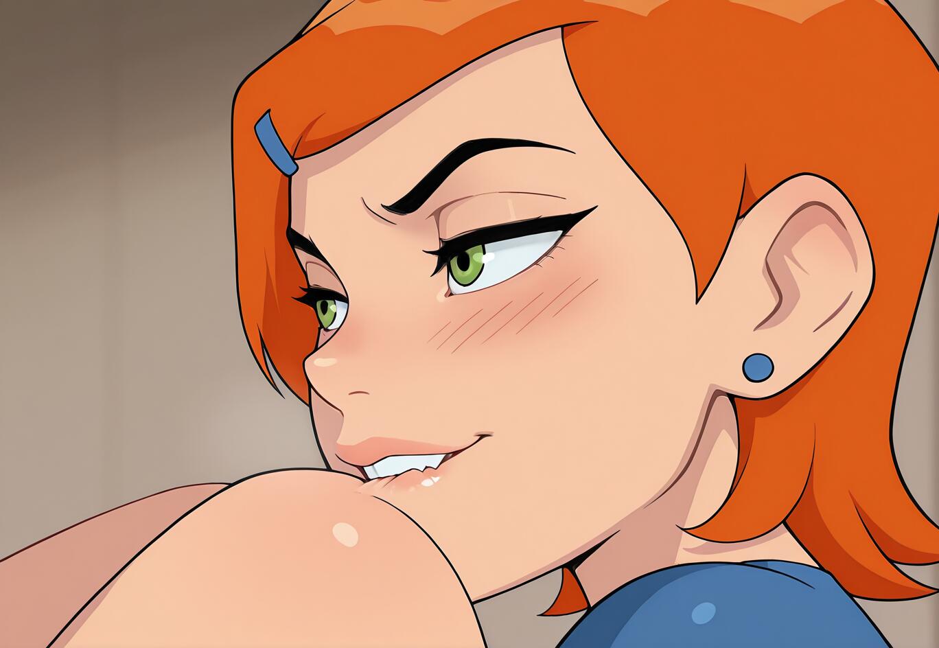 Uma imagem digital em close-up de Gwen Tennyson, da série Ben 10, com cabelo cor de laranja e olhos verdes, exibindo um olhar travesso e um leve rubor, enquanto morde o lábio.
