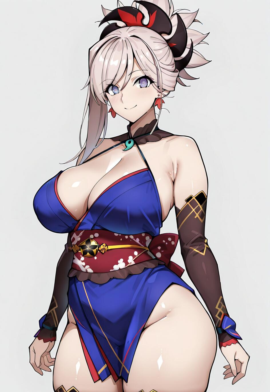 Uma ilustração no estilo anime de Miyamoto Musashi, de Fate/Grand Order, sorrindo enquanto veste um quimono azul, proteções de braço castanhas e tem o cabelo preso num rabo de cavalo alto.