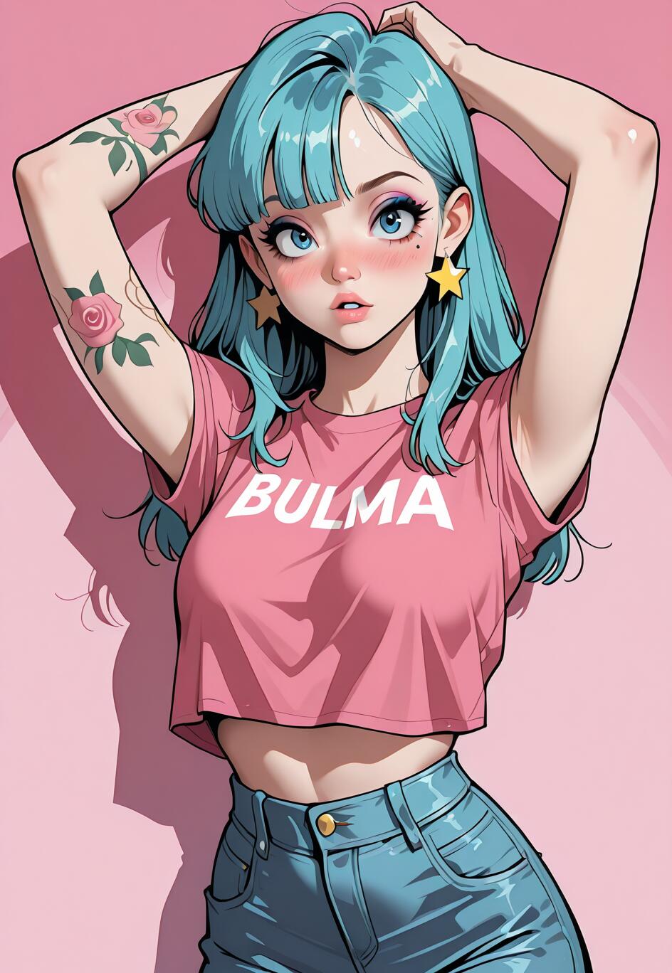 Uma ilustração no estilo anime de Bulma, de Dragon Ball, com cabelo azul e olhos azuis. Ela veste um top curto cor-de-rosa com a palavra «BULMA» estampada, calças de ganga azuis e brincos em forma de estrela. Tem tatuagens de rosas no braço e está a posar com as mãos atrás da cabeça, num fundo cor-de-rosa.