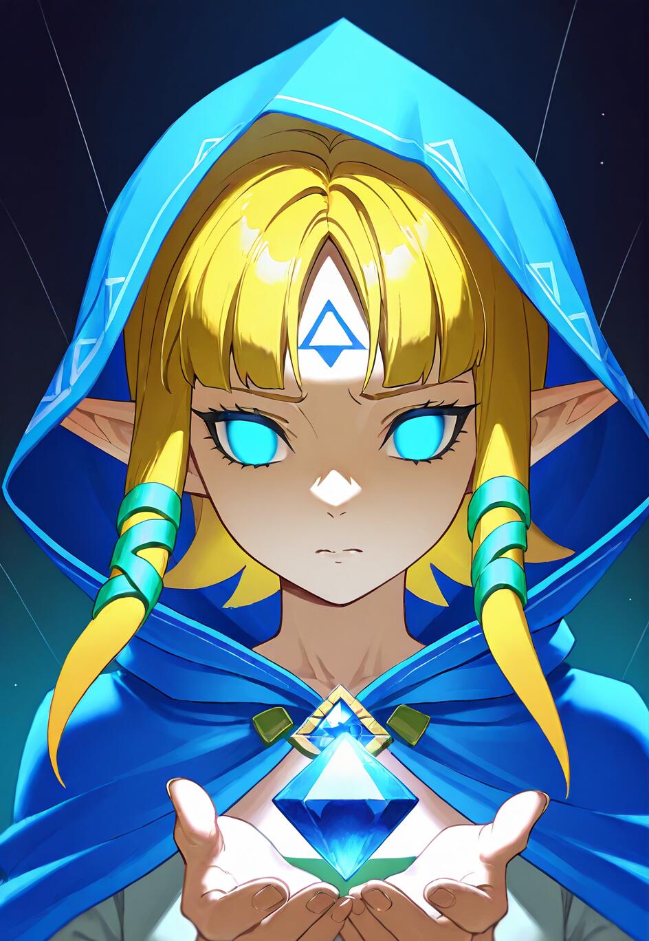 Uma ilustração no estilo anime da Princesa Zelda, com olhos azuis brilhantes, vestindo uma capa azul com capuz e segurando uma gema azul cintilante. O símbolo da Triforça está em sua testa.