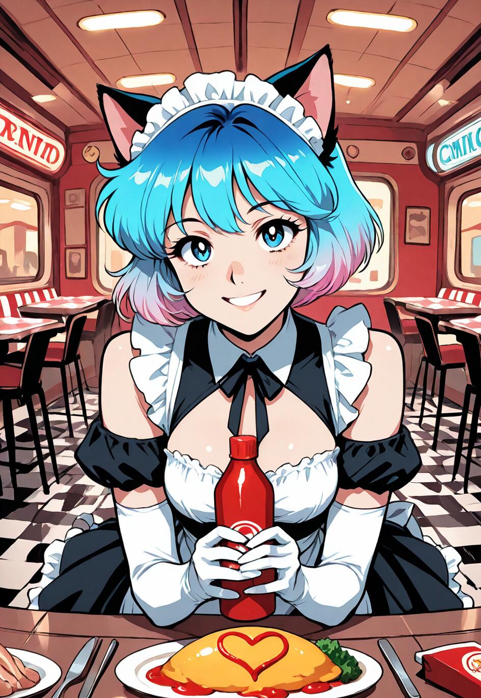 Uma personagem de anime, uma rapariga com aspeto de gato, com cabelo curto azul e rosa, vestida com um uniforme de empregada, sorri enquanto segura um frasco de ketchup sobre um prato de omurice decorado com um coração de ketchup, num restaurante com um ambiente retro.
