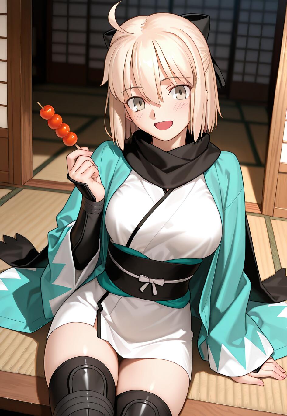 Okita Souji, uma personagem de anime de Fate/Grand Order, uma jovem com cabelo loiro curto e um laço preto, sentada num tatame, vestindo um haori turquesa e um quimono branco, sorrindo enquanto segura um espeto de dango laranja.