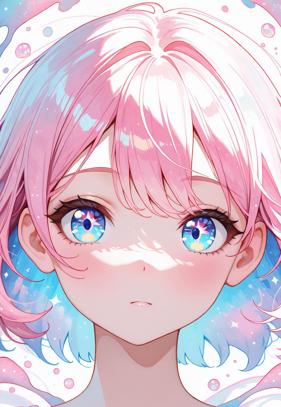 Um retrato em close-up de uma adorável personagem de anime, com cabelo curto e rosa e grandes olhos brilhantes e multicoloridos. O estilo artístico é suave e utiliza uma paleta de cores em tons pastel.