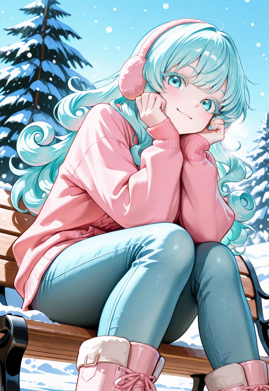 Uma rapariga de anime, com cabelo encaracolado de cor azul-turquesa e um casaco cor-de-rosa, está sentada num banco de jardim, num cenário invernal coberto de neve, sorrindo enquanto apoia a cabeça nas mãos.