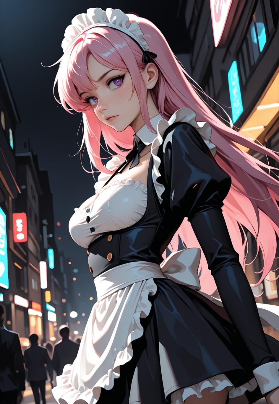 Uma ilustração em estilo anime de uma jovem com longos cabelos cor-de-rosa e olhos roxos, vestida com um uniforme de empregada doméstica preto e branco. Ela está em pé numa rua da cidade, à noite, com luzes de néon desfocadas ao fundo.