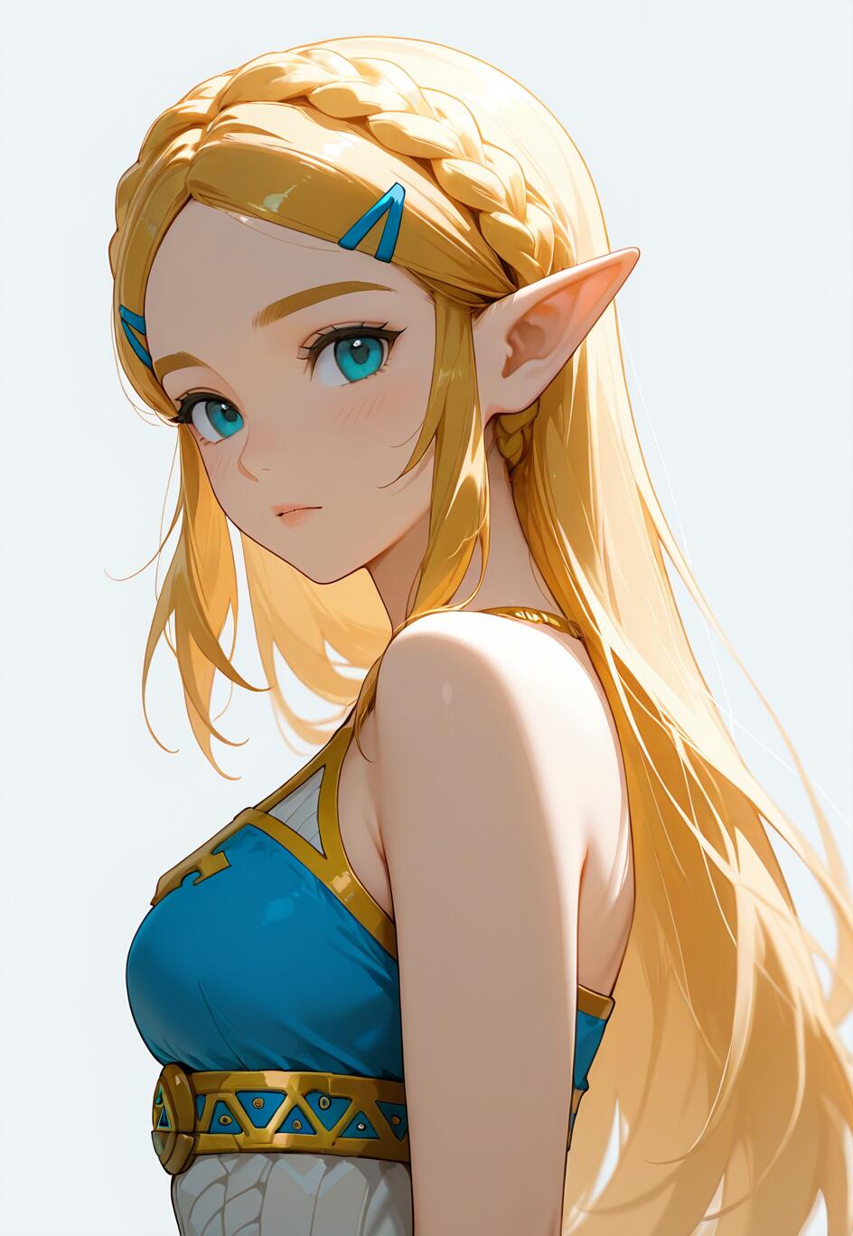 Uma ilustração no estilo anime da Princesa Zelda, da série The Legend of Zelda. Ela tem longos cabelos loiros, presos em uma trança com uma coroa, olhos azuis e orelhas pontudas, e está olhando por cima do ombro enquanto veste um traje azul e dourado.