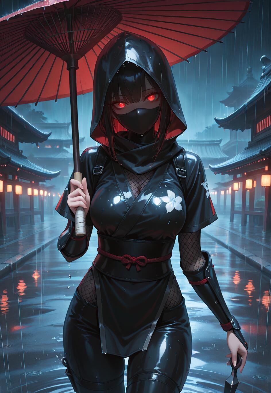 Uma ninja de anime, do sexo feminino, com olhos vermelhos brilhantes e vestida com um traje preto com capuz, está de pé sob a chuva, à noite, segurando um guarda-chuva vermelho em uma mão e uma kunai na outra, com edifícios japoneses iluminados por lanternas ao fundo.