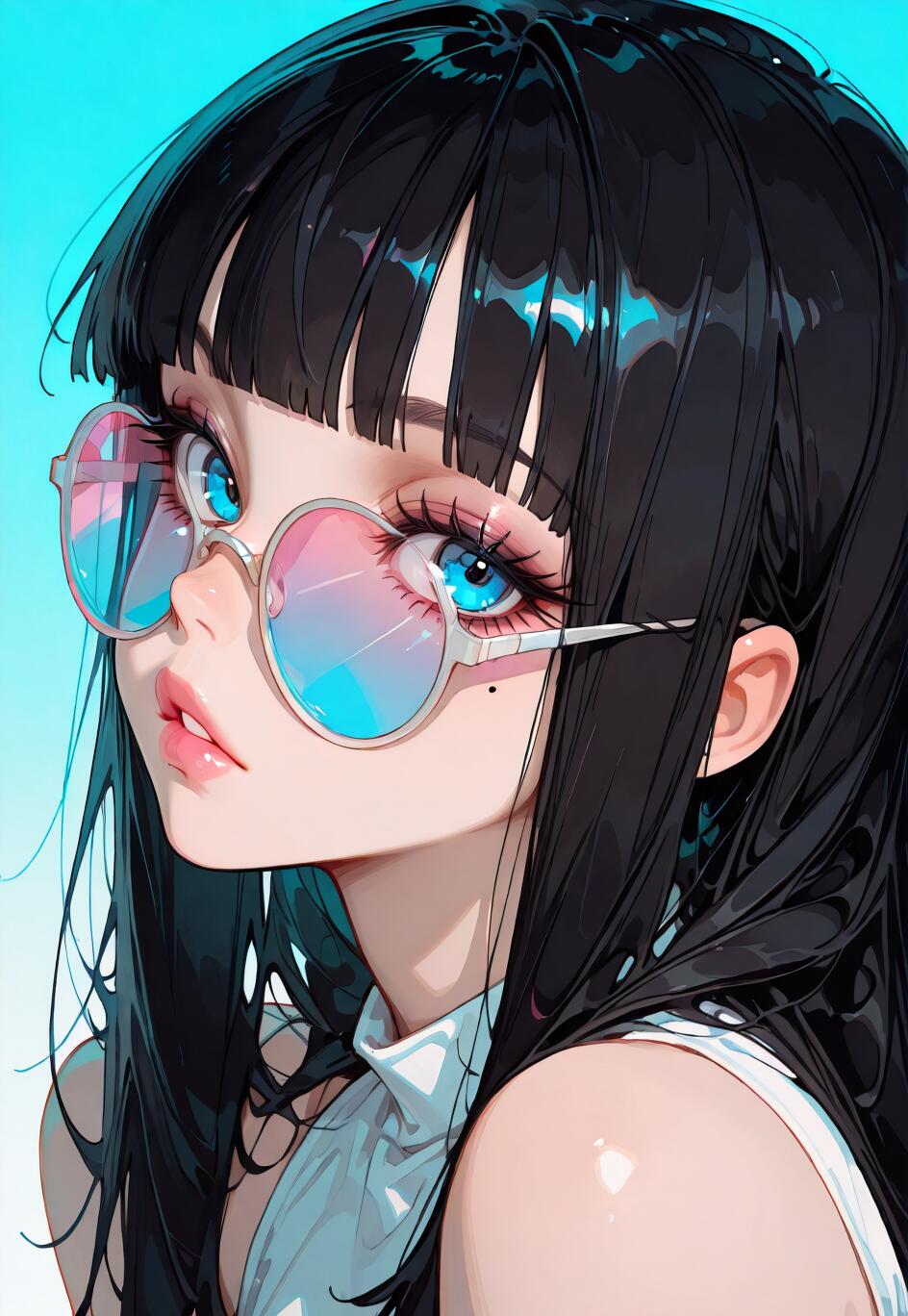 Uma ilustração digital em close-up de uma rapariga no estilo anime, com longos cabelos pretos e franja, usando óculos grandes e redondos com lentes em tons de rosa e azul. Ela tem grandes olhos azuis e está a olhar para o lado, contra um fundo azul brilhante.