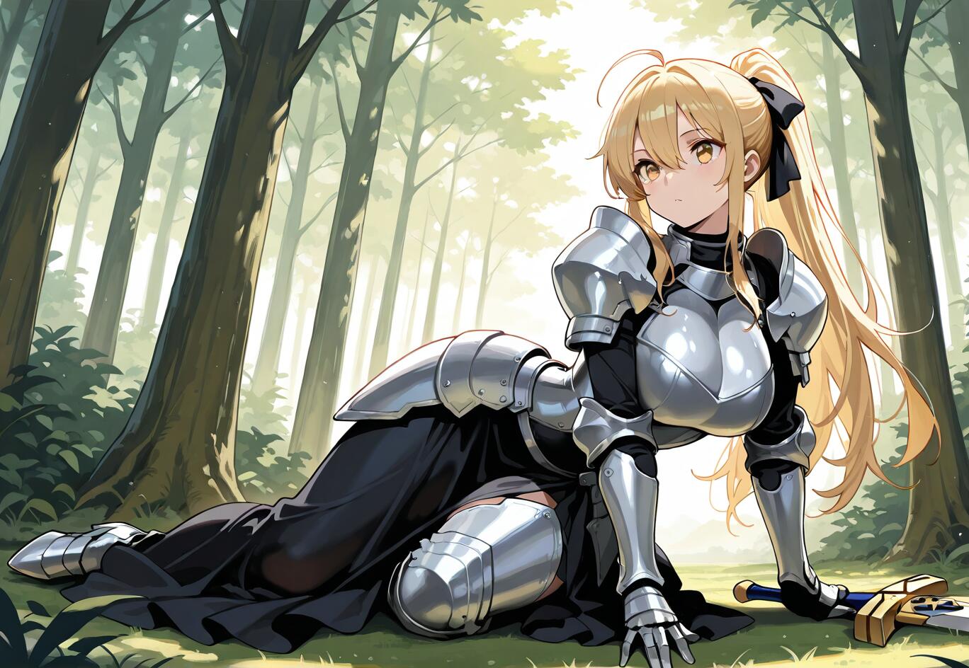 Uma ilustração em estilo anime de Saber Artoria Pendragon, uma cavaleira loira vestida com uma armadura de prata completa e um vestido preto, descansando na relva de uma floresta ensolarada, com a sua espada Excalibur ao seu lado.